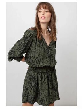 Rails Zana Olive Animal Printed Dress, Size S. Lined, Smocked, Elastic Waist